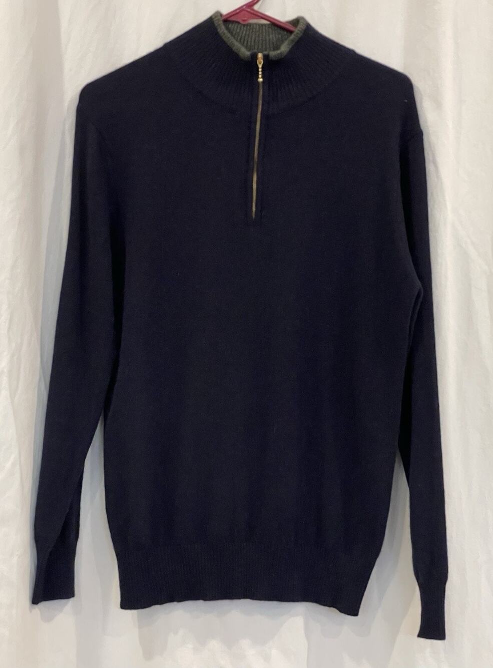 Nicofun Mens Sweater 1/4 Zip 100% V Fine Cashmere Navy Blue/Gray Trim, Size XS